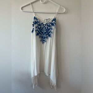 NWT Francesca’s White Tank with Blue Embroidery